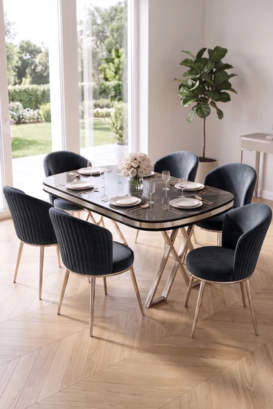 Nisare Serisi 90x168 Lak Panel Siyah Mermer Desen Masa Takımı Krom Ayaklı 6 Sandalye ürün görseli 1
