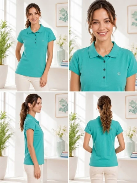 Kadın Mint Yeşili Polo Yaka Basıc T-Shirt - Resim 4