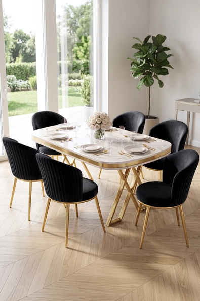 Nisare Serisi 90x168 Lak Panel Beyaz Mermer Desen Masa Takımı Gold Ayaklı 6 Sandalye ürün görseli 1
