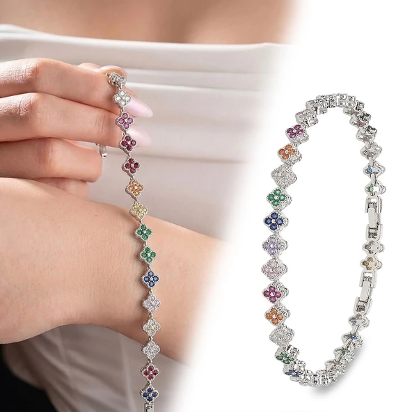 ? Premium Parlak Gümüş Renk 5 mm Çakra Taşlı Çiçek Model Kadın Bijuteri Bileklik 3183KBV6D8 (~18cm) ürün görseli 1
