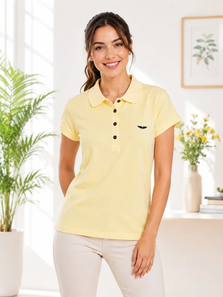 Kadın Sarı Polo Yaka Basıc T-Shirt ürün görseli 1