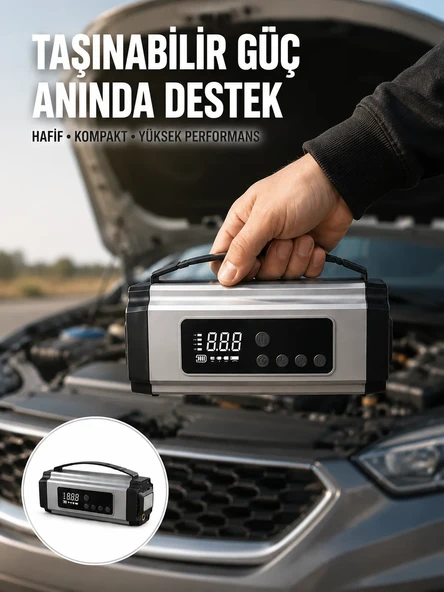 Dijital Göstergeli Akü Takviye Cihazı Lastik Şişirme Powerbank ve LED Işık Özellikli Yeni Nesil ürün görseli 1