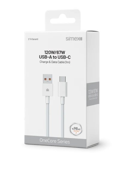 Simex 67W / 120W Xiaomi Uyumlu Type-C 6A Turbo Hızlı Şarj Kablosu 1 Metre CE Belgeli SPK-15 Beyaz ürün görseli 1