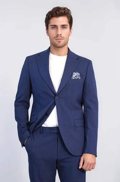Lacivert Slim Fit İki Düğmeli Keten Görünümlü Erkek Takım Elbise - Wessi ürün görseli 1