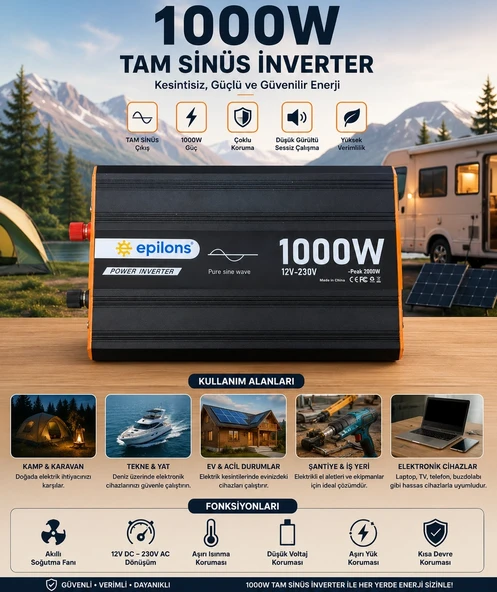 1000W Tam Sinüs İnverter 12V AC Çevirici | Sessiz Fanlı, USB Çıkışlı, Araç Karavan Tekne Solar Uyumlu Güç İnverteri ürün görseli 1