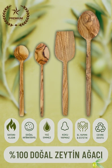 4 lü Zeytin Ağacı Kaşık ve Spatula Seti - Doğal El Yapımı, Çizmez, Dayanıklı Ahşap Mutfak Seti ürün görseli 1