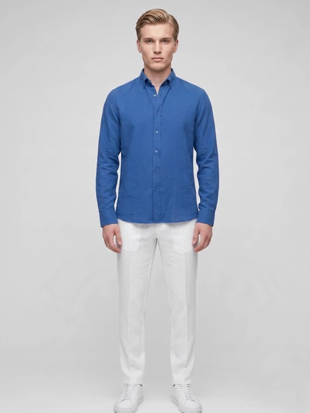 Erkek Keten Müslin Gömlek – Slim Fit Düğmeli Yaka Uzun Kollu Yazlık Gömlek ürün görseli 1