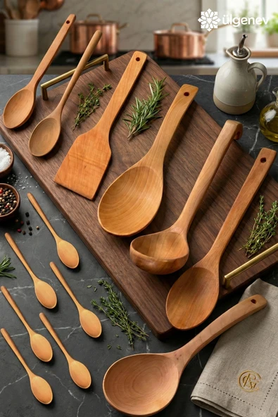 13 Parça Bambu Mutfak Seti Çeyizlik Kepçe Spatula Pilav Servis Sos Karıştırma ve Ölçü Kaşığı Seti ürün görseli 1