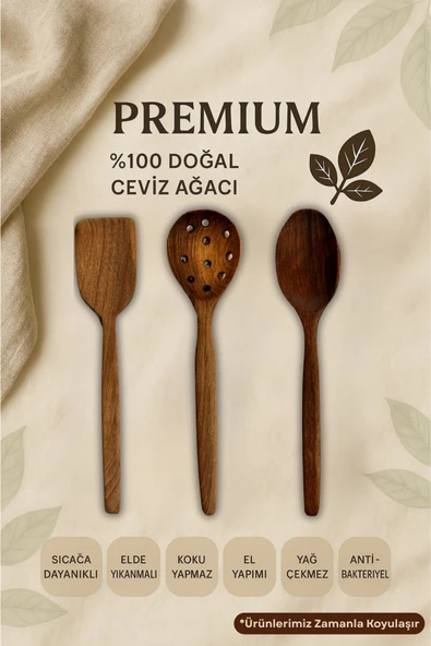 3'lü %100 Doğal Çizme Yapmaz Ceviz Ağacı Ahşap Mutfak Seti – Spatula, Kaşık, Kevgir ürün görseli 1