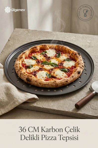 36 Cm Paslanmaz Karbon Çelik , Delikli, Yanmaz Yapışmaz Büyük Boy Pizza ve Lahmacun Tepsisi ürün görseli 1