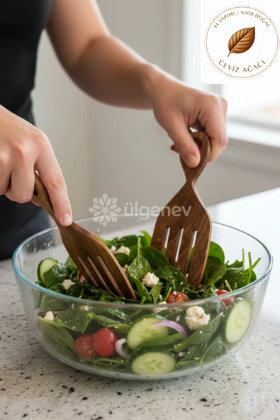 2 Adet %100 Doğal Ceviz Ağacı El Yapımı Tahta Salata Servis Çatalı, Salata Kaşığı 17x7 Cm ürün görseli 1