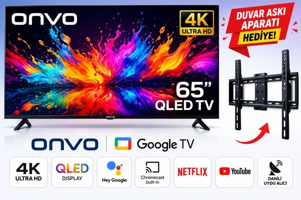 Onvo 65’’ QLED Google Tv 4K Ultra Hd Smart Tv Dahili Uydu Alıcılı Netflix Youtube Wi-Fi + Duvar Askı Aparatı ürün görseli 1
