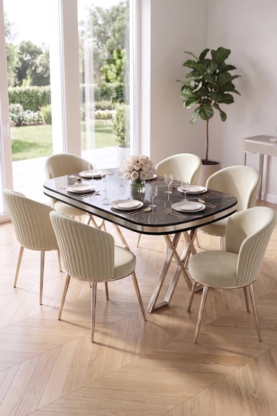 Nisare Serisi 90x168 Lak Panel Siyah Mermer Desen Masa Takımı Krom Ayaklı 6 Sandalye ürün görseli 1