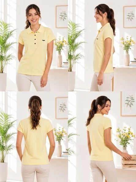 Kadın Sarı Polo Yaka Basıc T-Shirt - Resim 4
