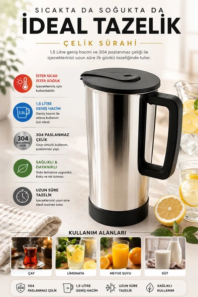 1,5 Litre 304 Paslanmaz Çelik Sürahi | Sıcak Soğuk İçecek Sürahisi | Çelik Termal Sürahi ürün görseli 1