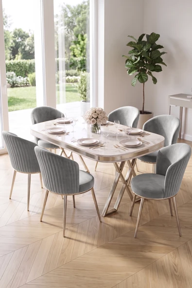 Nisare Serisi 90x168 Lak Panel Beyaz Mermer Masa Takımı Krom Ayaklı 6 Sandalye ürün görseli 1