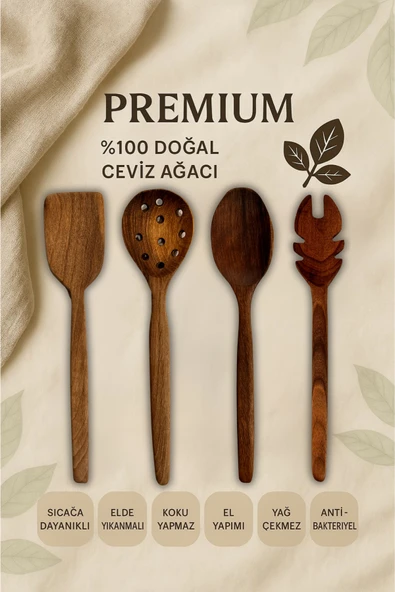 4'lü %100 Doğal Çizme Yapmaz Ceviz Ağacı Ahşap Mutfak Seti – Spatula, Kaşık, Kevgir, Maşa ürün görseli 1
