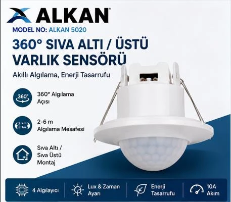 Alkan 5020 360° Sıva Altı ve Sıva Üstü Varlık Sensörü – 2-6 Metre Algılama – Ayarlanabilir Lux ve Zaman – 10A ürün görseli 1