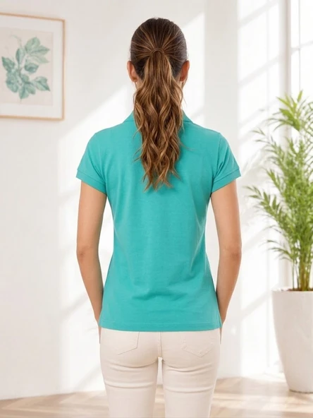 Kadın Mint Yeşili Polo Yaka Basıc T-Shirt - Resim 3