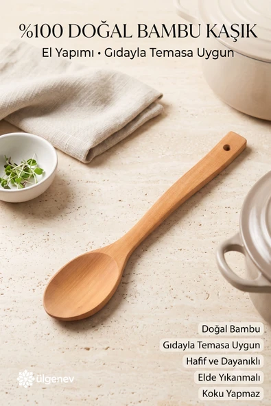 1 Adet 30 Cm Vernikli Doğal Bambu Servis Kaşığı – Büyük Boy, Çizmez, Ergonomik Ahşap Kaşık ürün görseli 1