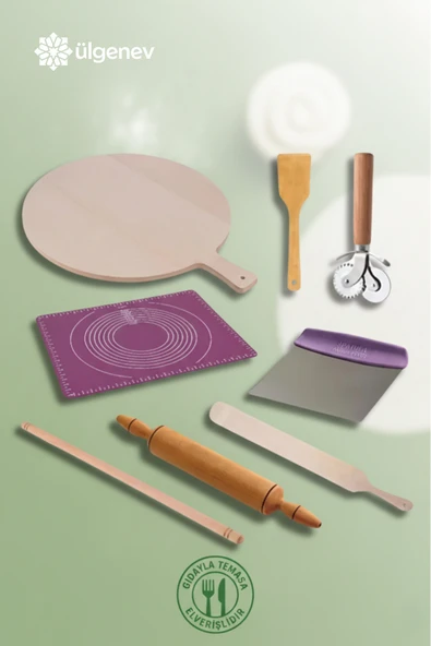 Süper Hamur Açma Seti Bazlama Tahtası, Spatula, Mat, Merdane, Oklava, Bisleğeç, Kesici ürün görseli 1