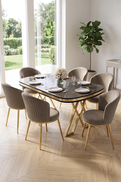 Nisare Serisi 90x168 Lak Panel Siyah Mermer Desen Masa Takımı Gold Ayaklı 6 Sandalye ürün görseli 1