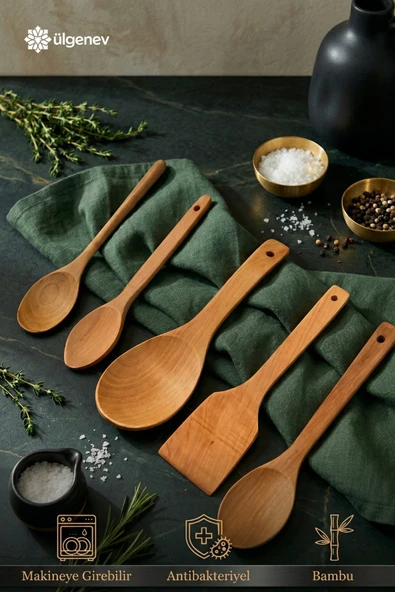 5'li Bambu Tahta Kaşık Seti Pilav,Sos, Ölçü ve Mama Kaşığı, Spatula Ahşap Mutfak Seti, Çeyizlik ürün görseli 1