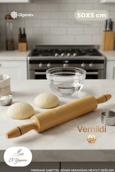 50 cm Vernikli Ahşap Merdane Pürüzsüz Hamur Açma Merdanesi Büyük Boy ürün görseli 1