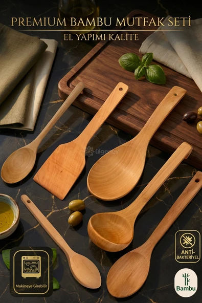 6'lı Vernikli Bambu & Kayın Mutfak Seti - Spatula, Küçük, Orta, Büyük Kaşık, Pilav Kaşığı, Kepçe ürün görseli 1