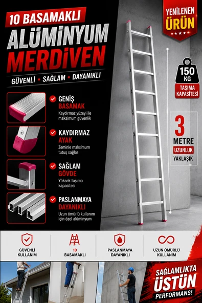 Tek Parça Alüminyum Merdiven 3 Metre 10 Basamaklı (TM.300) ürün görseli 1