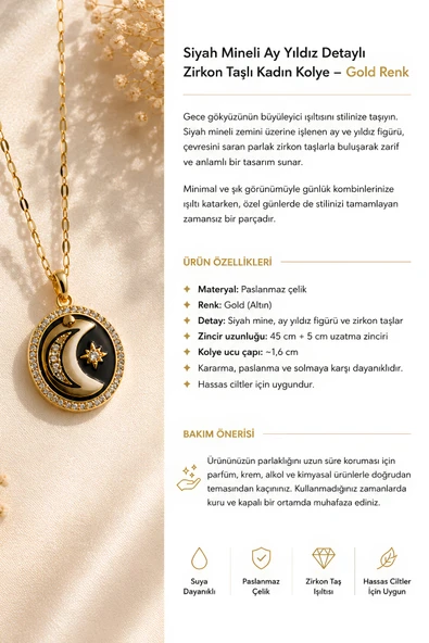 Asterdora Paslanmaz Çelik Siyah Mineli Ay Yıldız Detaylı Zirkon Taşlı Kadın Kolye ürün görseli 1