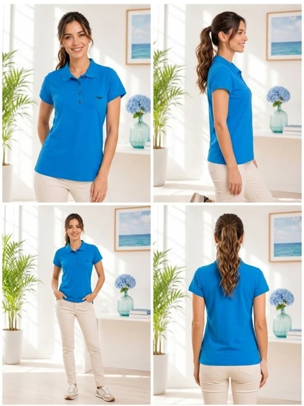 Kadın Turkuaz Polo Yaka Basıc T-Shirt - Resim 4