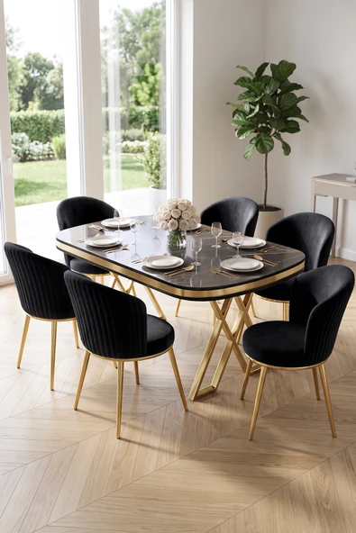 Nisare Serisi 90x168 Lak Panel Siyah Mermer Desen Masa Takımı Gold Ayaklı 6 Sandalye ürün görseli 1
