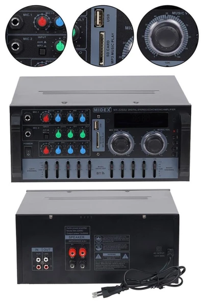 Midex MX-2250U 2 Kanal 2x250W Stereo Amfi 500W Power Mikser Bluetooth USB ürün görseli 1