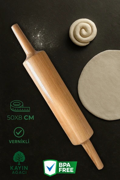50X8 CM Vernikli Kalın Kayın Ağacı Merdane | Profesyonel & Ev Tipi Hamur Açma İçin Uygun ürün görseli 1