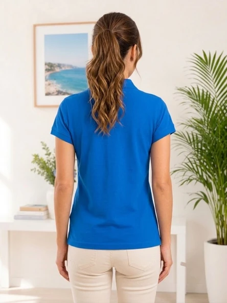 Kadın Mavi Polo Yaka Basıc T-Shirt - Resim 3