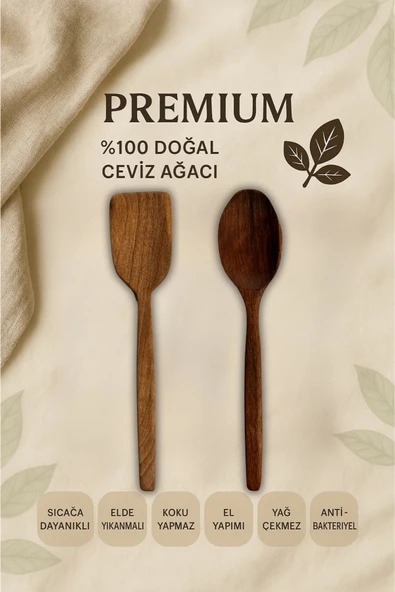 2'li 30 Cm %100 Ceviz Ağacı Çizme Yapmaz Antibakteriyel Spatula ve Kaşık ürün görseli 1