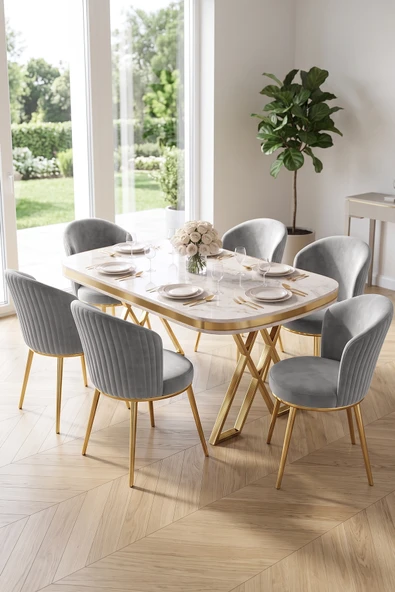 Nisare Serisi 90x168 Lak Panel Beyaz Mermer Desen Masa Takımı Gold Ayaklı 6 Sandalye ürün görseli 1