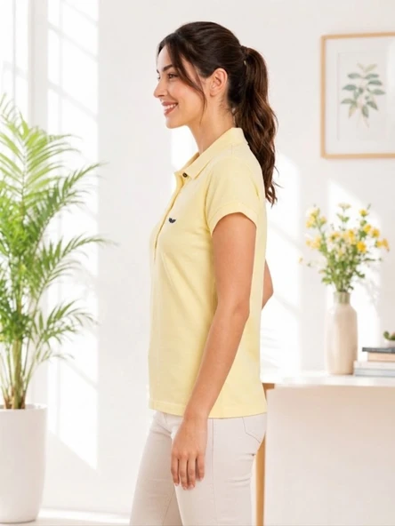 Kadın Sarı Polo Yaka Basıc T-Shirt - Resim 2