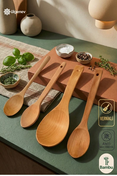 4’lü Vernikli Bambu Tahta Kaşık Seti – Sos, Pilav, Mama ve Servis Kaşığı ürün görseli 1