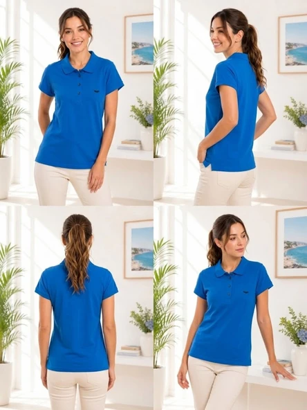 Kadın Mavi Polo Yaka Basıc T-Shirt - Resim 4