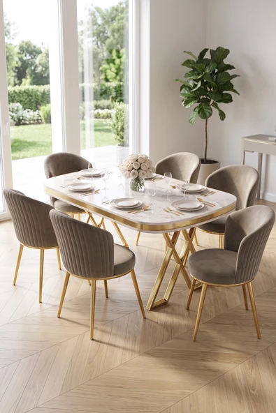 Nisare Serisi 90x168 Lak Panel Beyaz Mermer Desen Masa Takımı Gold Ayaklı 6 Sandalye ürün görseli 1