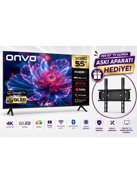 Onvo 55VQ90F3UA 55'' 140 Ekran Uydu Alıcılı 4K Ultra Hd Google Smart QLED Tv+Dreamstar Tv Duvar Askı Aparatı ürün görseli 1