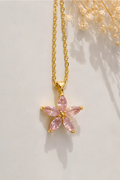 Asterdora Paslanmaz Çelik Pembe Taşlı Çiçek Figürlü Kadın Kolye ürün görseli 1