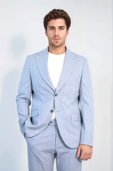 Buz Mavisi Slim Fit İki Düğmeli Keten Görünümlü Erkek Takım Elbise - Wessi ürün görseli 1