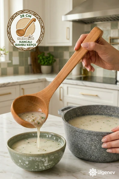 1 Adet 28 Cm Vernikli Doğal Bambu Kancalı Kepçe – Asılabilir, Ergonomik, Çizmez Ahşap Kepçe ürün görseli 1