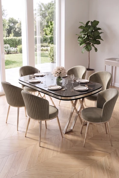 Nisare Serisi 90x168 Lak Panel Siyah Mermer Desen Masa Takımı Krom Ayaklı 6 Sandalye ürün görseli 1