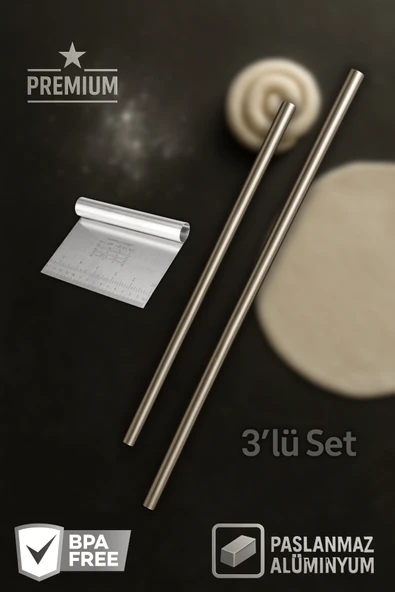 Paslanmaz Alüminyum Metal Masterchef Hamur Açma 2'li 60 Ve 90 Cm Oklava Ve Ölçülü Çelik Spatula ürün görseli 1