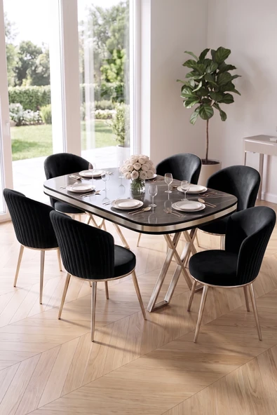 Nisare Serisi 90x168 Lak Panel Siyah Mermer Desen Masa Takımı Krom Ayaklı 6 Sandalye ürün görseli 1