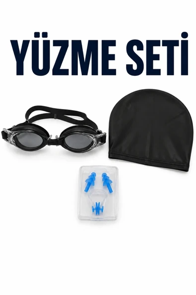 Yüzme Seti Siyah Gözlük Bone Kulak Tıkacı Burun Klipsi 4 Parça ürün görseli 1